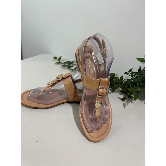 Coach Womens Tan Leather Thong Sandals With Buckle Detail 7B - Picture 1 of 16